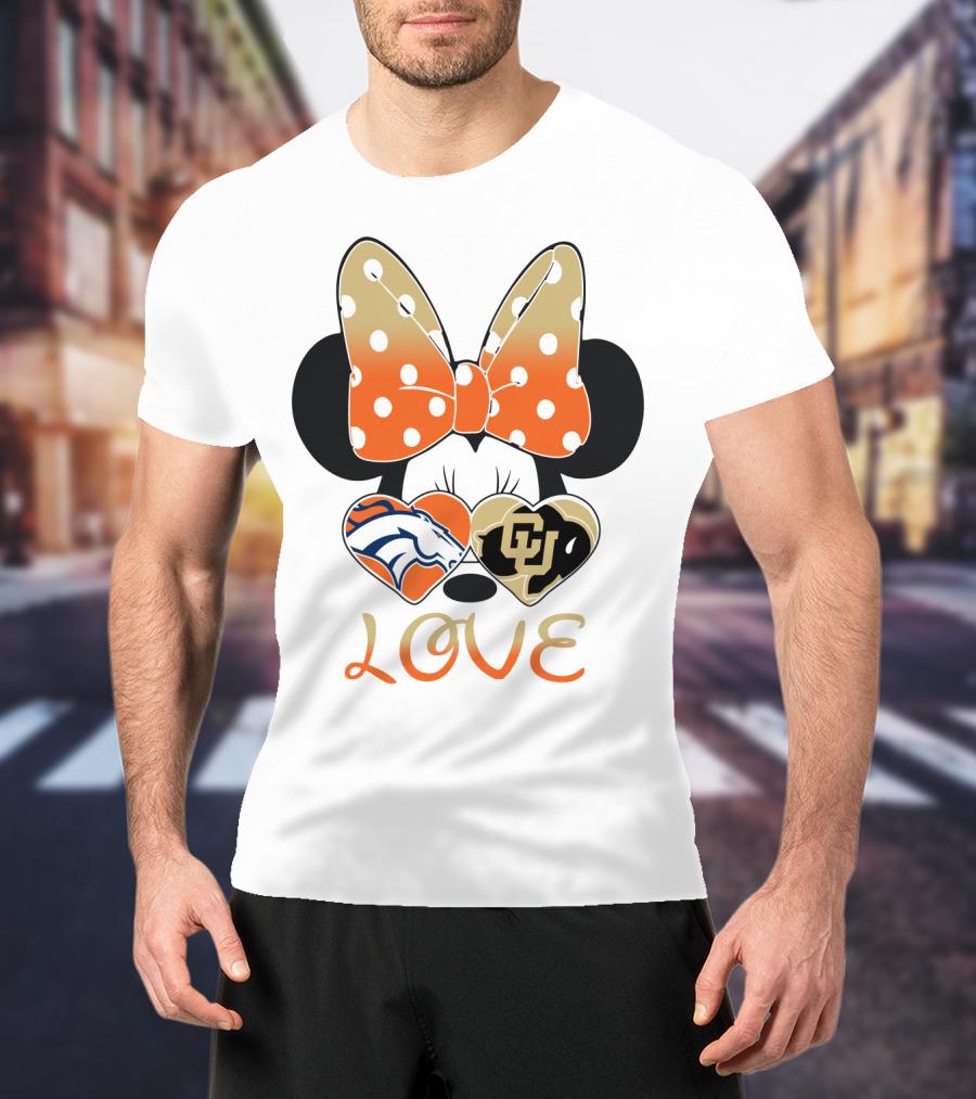 Love Minnie Mouse Orange Bow Denver Broncos University Of Colorado Buffaloes Hearts T-Shirt