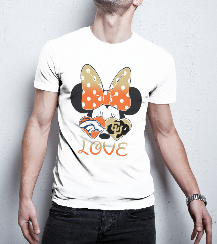 Love Minnie Mouse Orange Bow Denver Broncos University Of Colorado Buffaloes Hearts T-Shirt