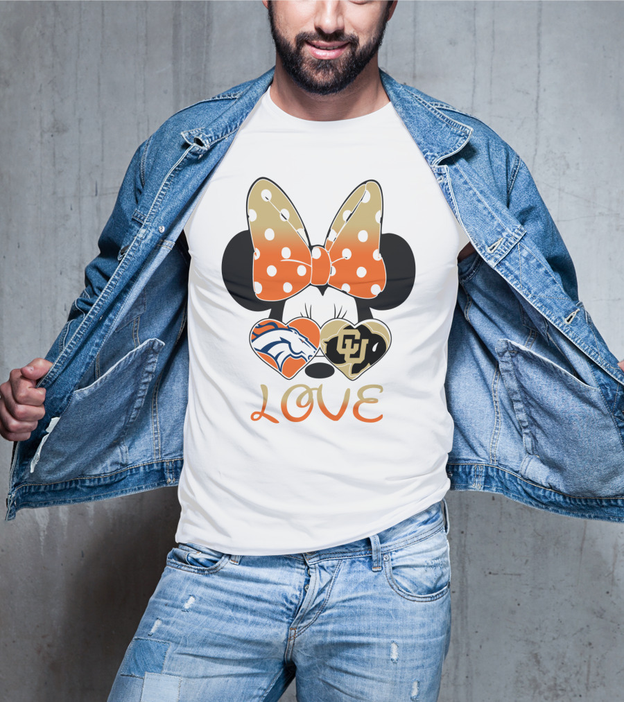 Love Minnie Mouse Orange Bow Denver Broncos University Of Colorado Buffaloes Hearts T-Shirt