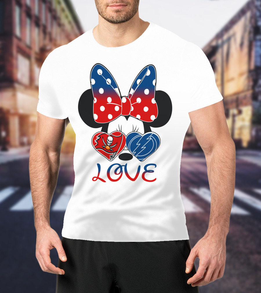 Love Minnie Bow Red And Blue Hearts With Buccaneers And Lightning Logos T-Shirt