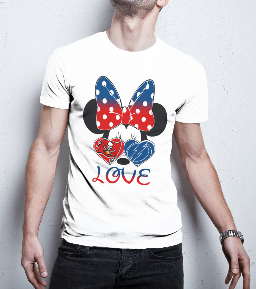 Love Minnie Bow Red And Blue Hearts With Buccaneers And Lightning Logos T-Shirt