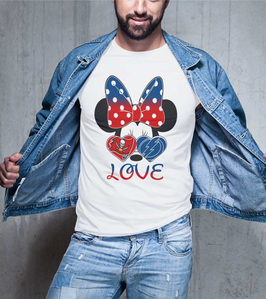Love Minnie Bow Red And Blue Hearts With Buccaneers And Lightning Logos T-Shirt
