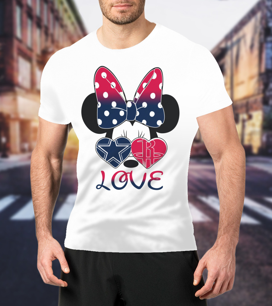 Love Minnie Bow Dallas Cowboys Houston Rockets Hearts T-Shirt