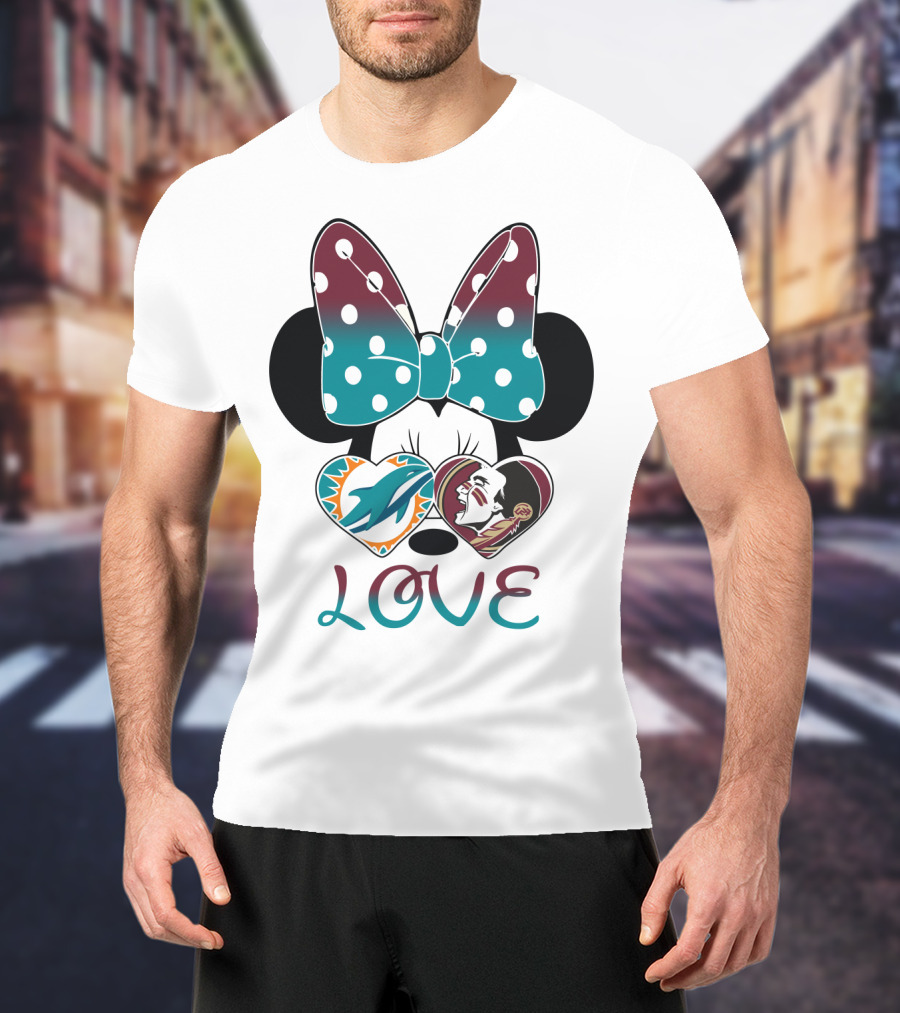 Love Minnie Bow Miami Dolphins Florida State Seminoles Hearts T-Shirt