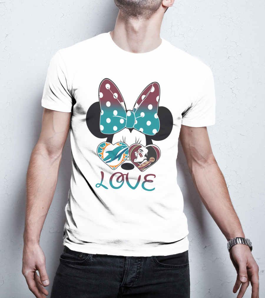Love Minnie Bow Miami Dolphins Florida State Seminoles Hearts T-Shirt