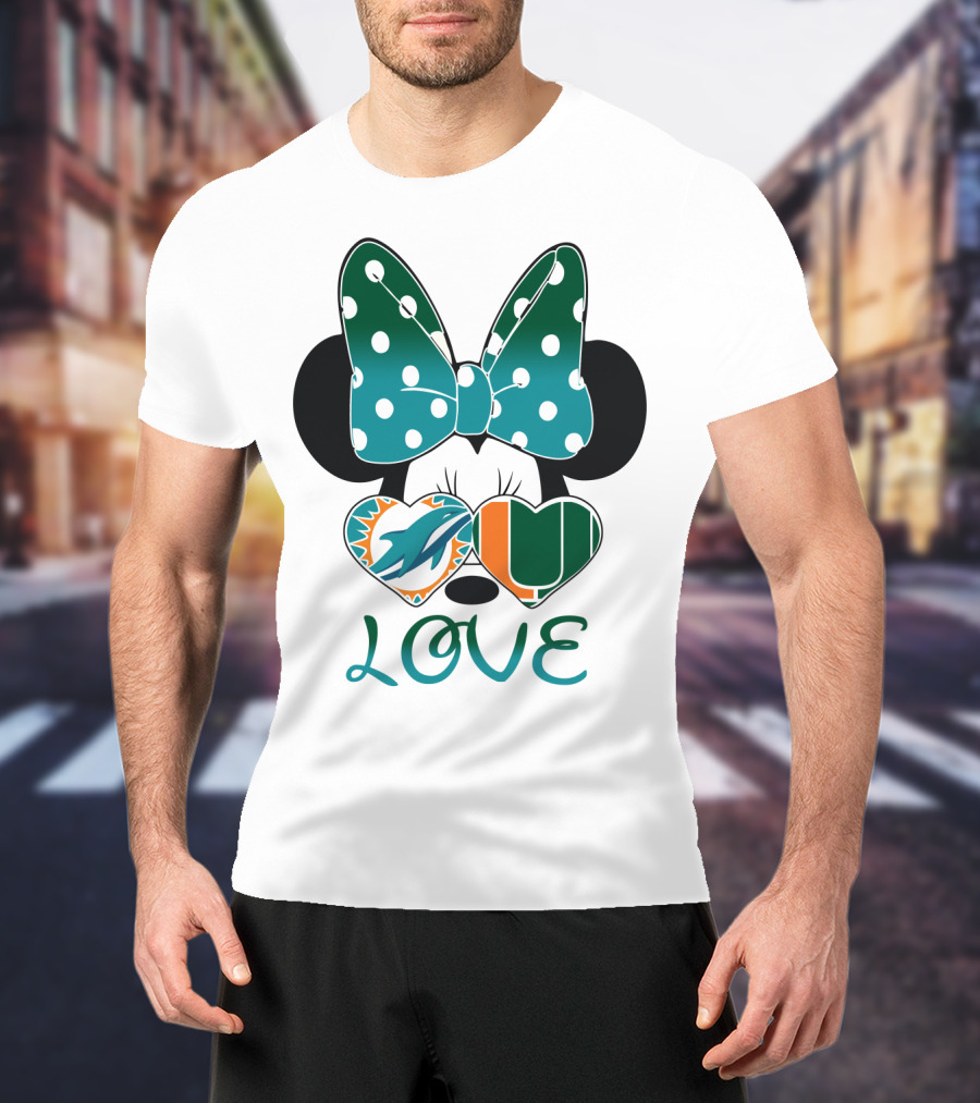 Miami Dolphins Hurricanes Love Minnie Mouse Polka Dot Bow T-Shirt