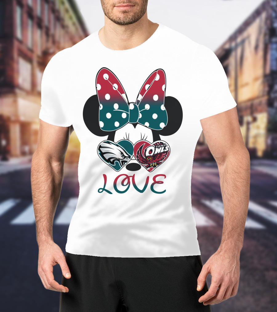 Minnie Mouse Bow Love Philadelphia Eagles Temple Owls Hearts T-Shirt
