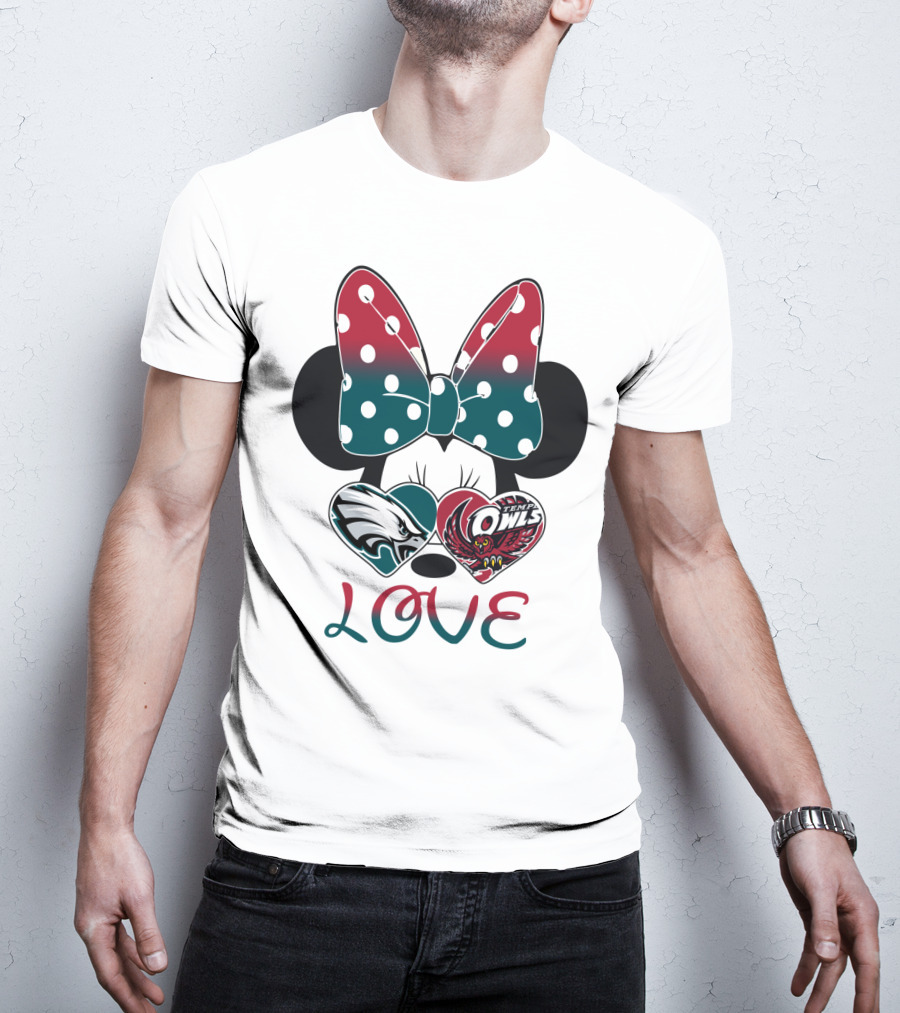 Minnie Mouse Bow Love Philadelphia Eagles Temple Owls Hearts T-Shirt
