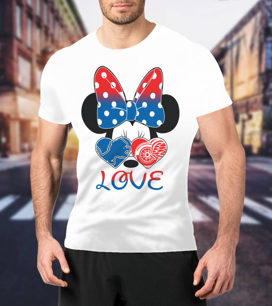 Love Minnie Mouse Detroit Lions Red Wings Bow Hearts T-Shirt