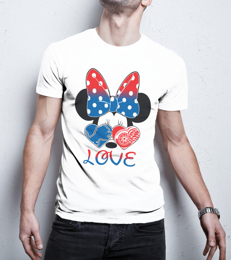 Love Minnie Mouse Detroit Lions Red Wings Bow Hearts T-Shirt