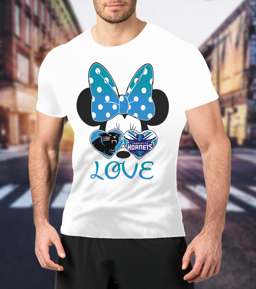 Minnie Mouse Love Carolina Panthers Charlotte Hornets Bow Hearts T-Shirt