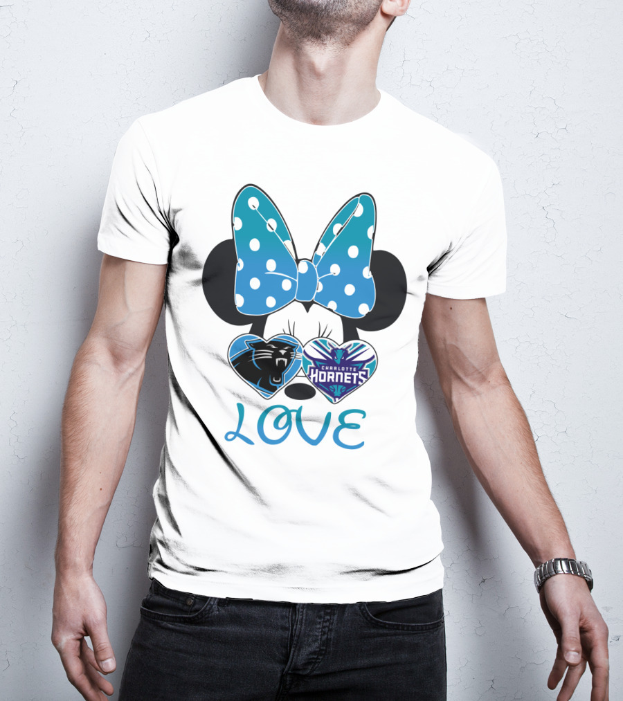 Minnie Mouse Love Carolina Panthers Charlotte Hornets Bow Hearts T-Shirt