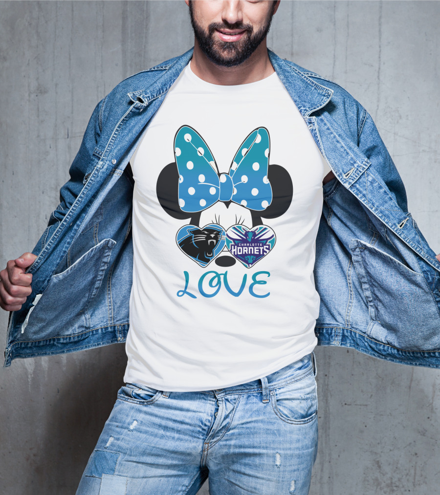 Minnie Mouse Love Carolina Panthers Charlotte Hornets Bow Hearts T-Shirt