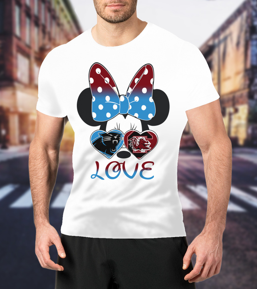 Love Carolina Panthers South Carolina Gamecocks Minnie Bow Hearts T-Shirt