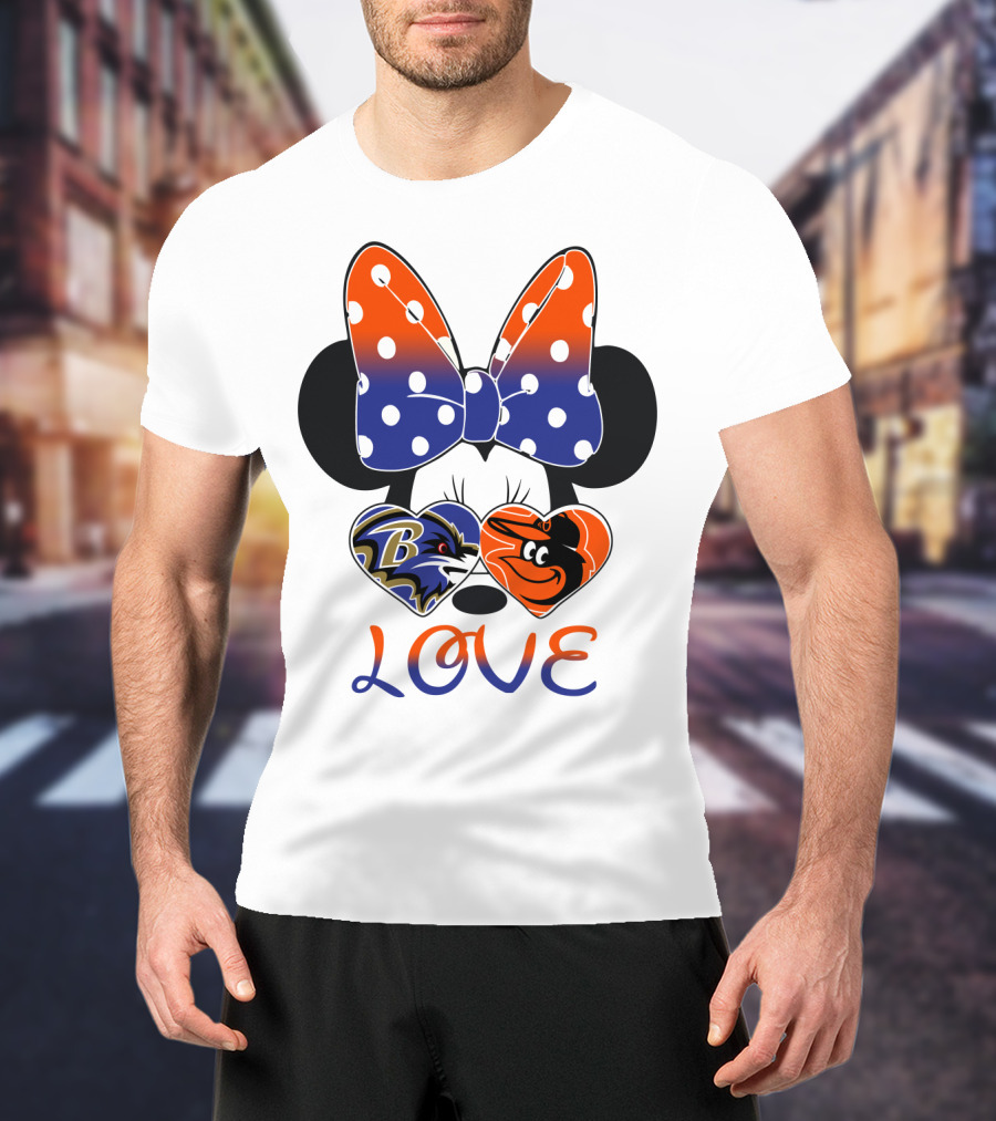 Love Baltimore Ravens Orioles Minnie Mouse Bow T-Shirt