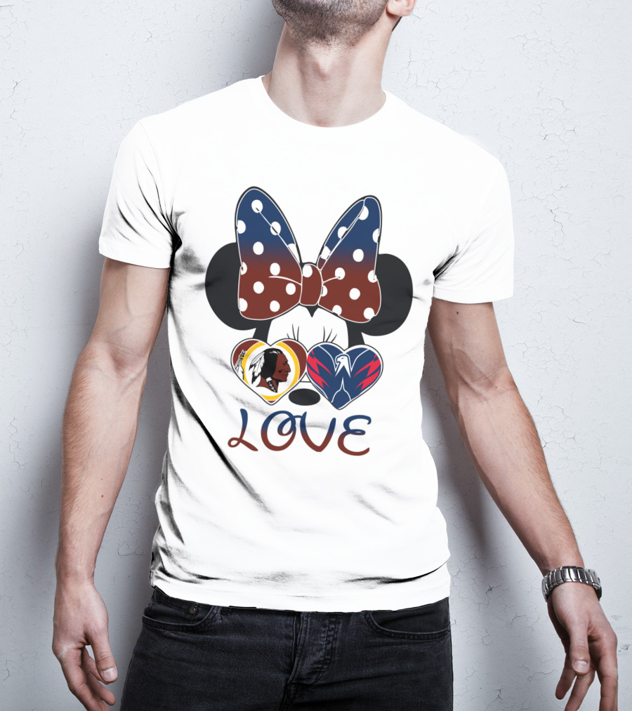 Love Minnie Mouse Washington Redskins Capitals Bow Hearts T-Shirt