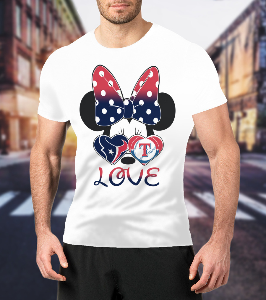 Minnie Bow Love Texans Rangers Hearts T-Shirt