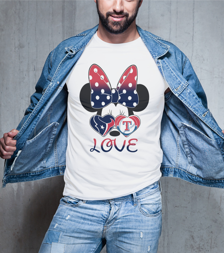 Minnie Bow Love Texans Rangers Hearts T-Shirt