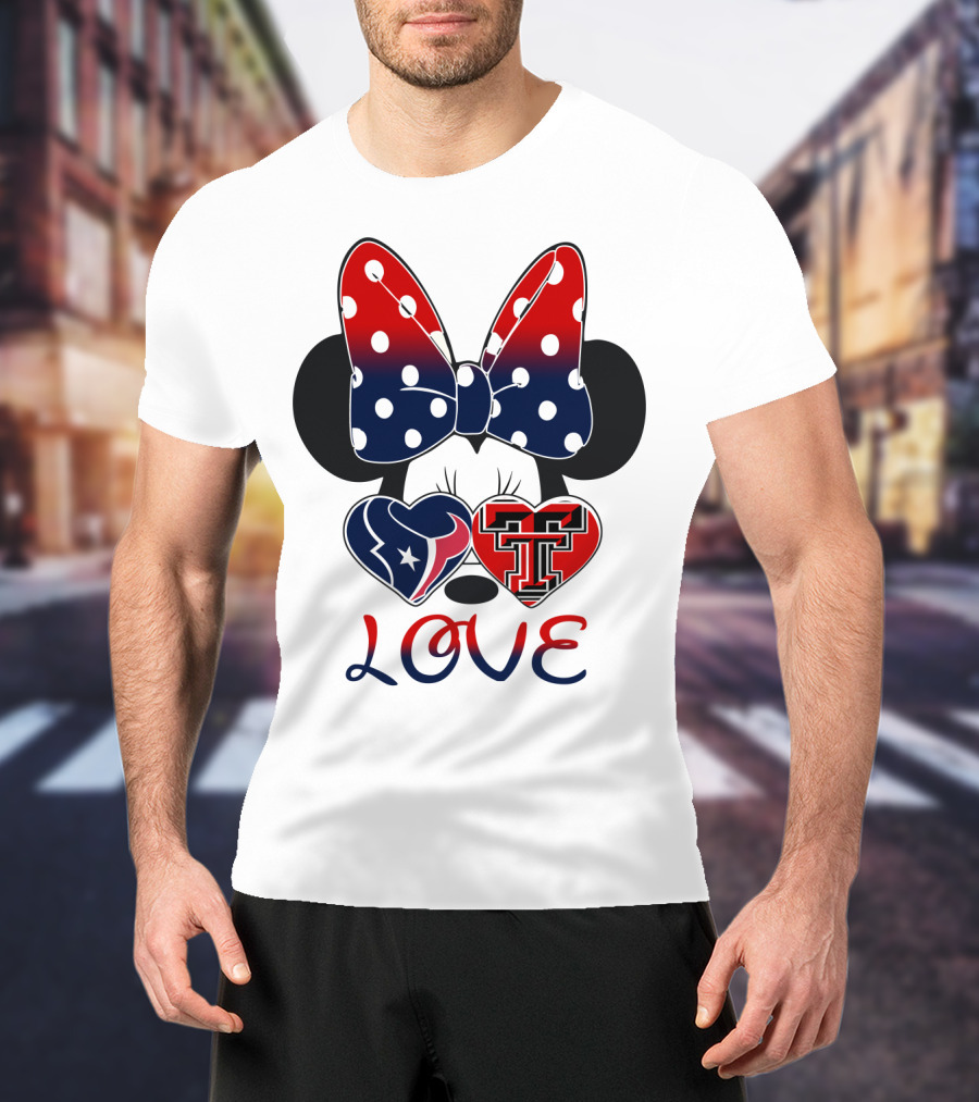 Minnie Mouse Love Texans And Texas Tech Hearts Bow T-Shirt
