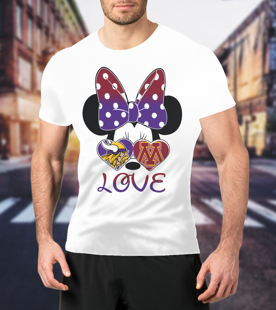 Minnie Mouse Bow Love Vikings Minnesota U Logo Hearts T-Shirt