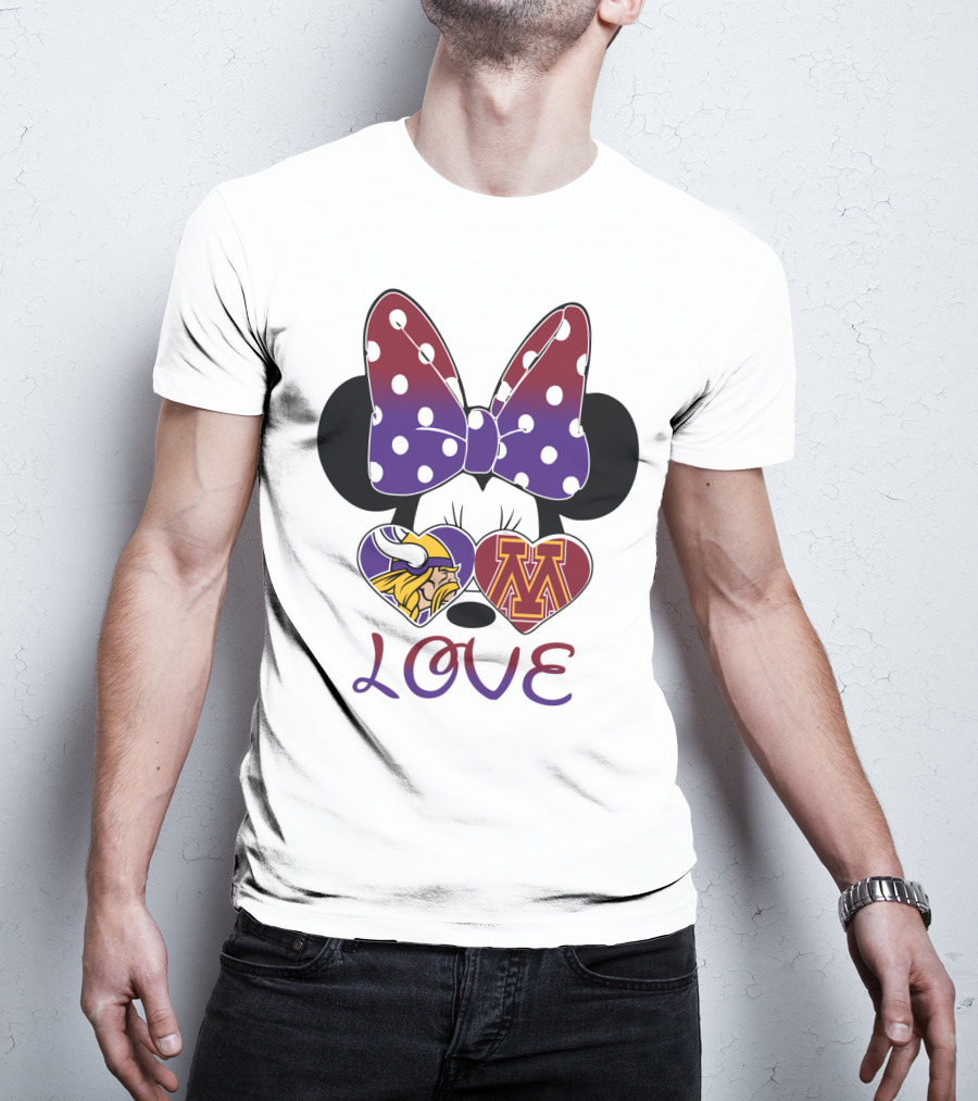 Minnie Mouse Bow Love Vikings Minnesota U Logo Hearts T-Shirt