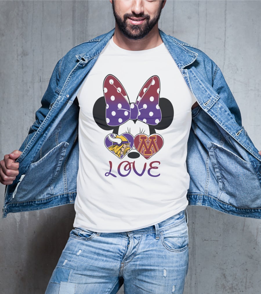 Minnie Mouse Bow Love Vikings Minnesota U Logo Hearts T-Shirt