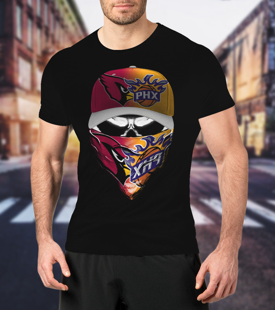 Phx Cardinals Suns Crossover Flame Skull Headwear T-Shirt