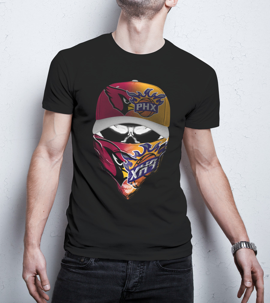 Phx Cardinals Suns Crossover Flame Skull Headwear T-Shirt