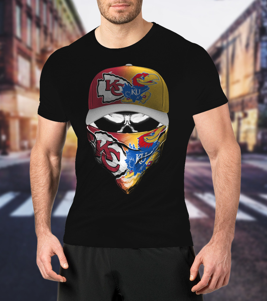 Kansas City Chiefs And Kansas Jayhawks Skull Bandana Hat Fusion T-Shirt