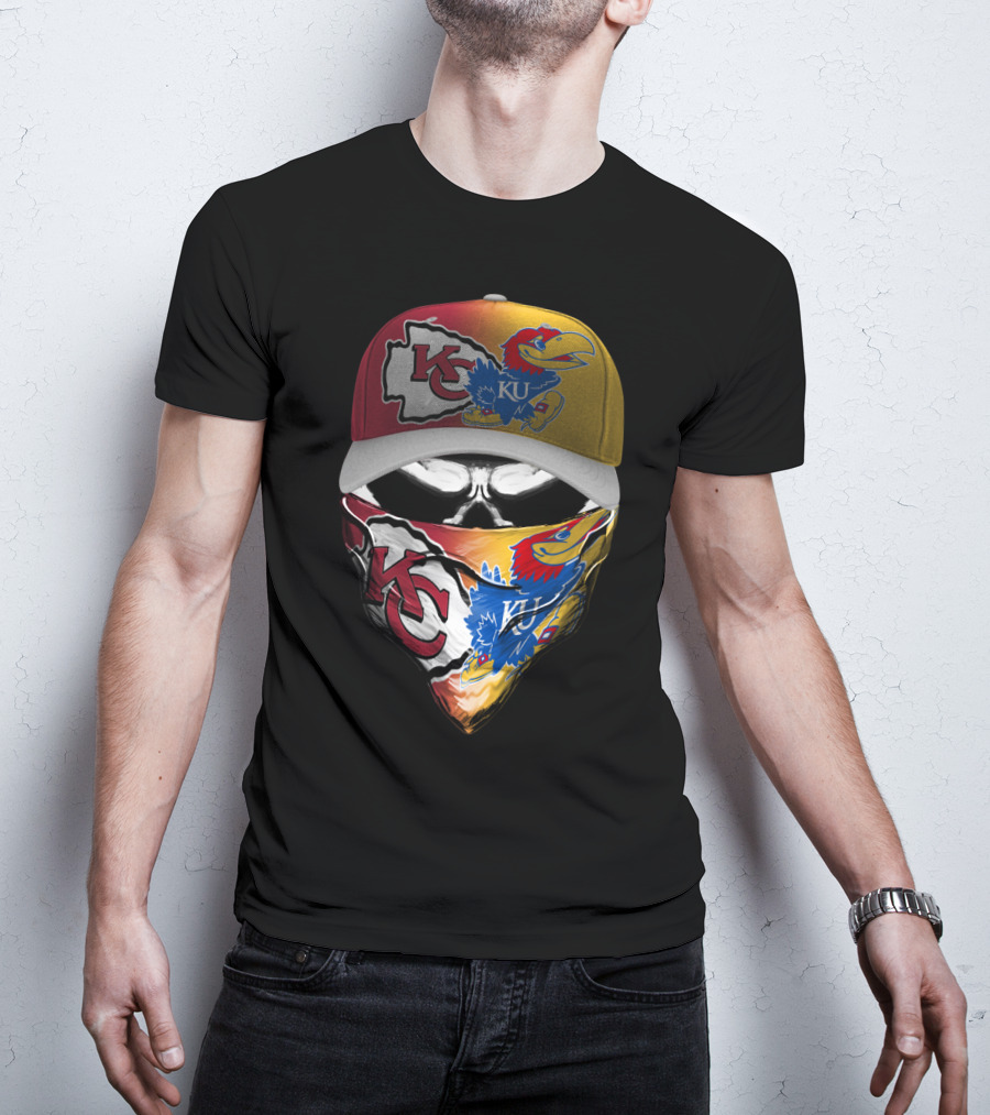 Kansas City Chiefs And Kansas Jayhawks Skull Bandana Hat Fusion T-Shirt