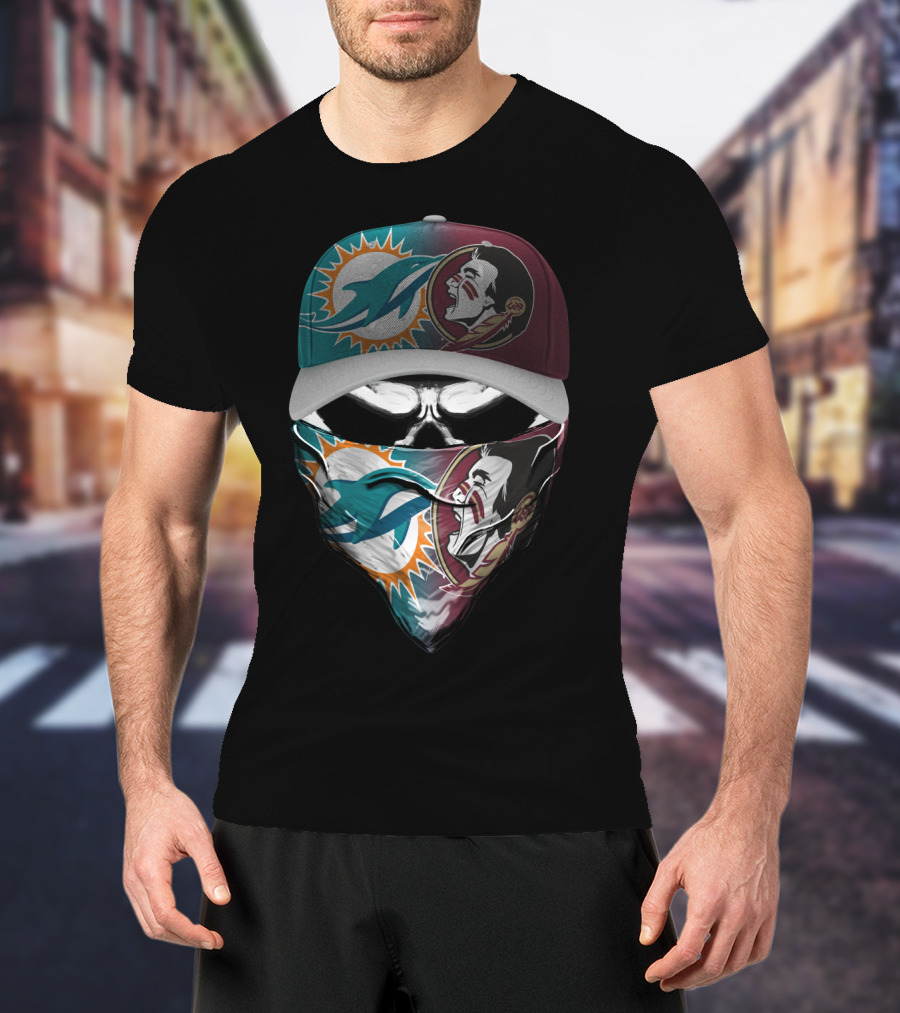 Miami Dolphins Florida State Seminoles Skull Headwear T-Shirt