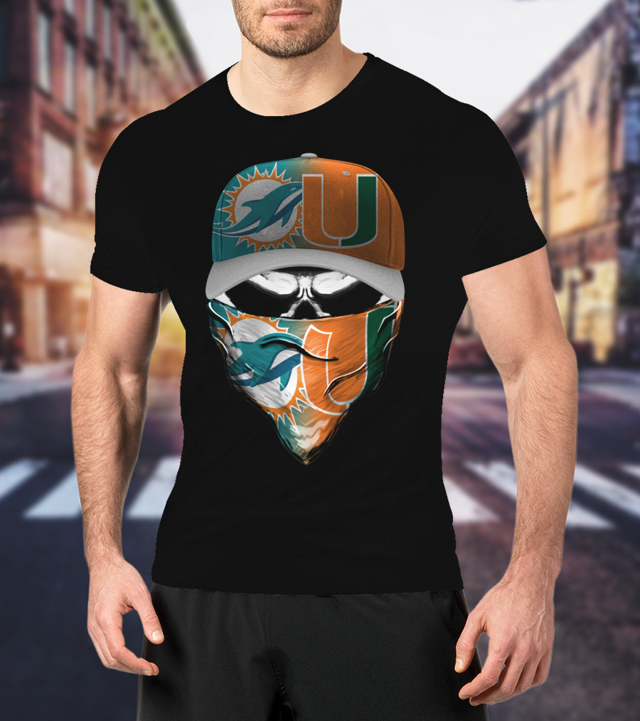 Miami Dolphins And University Of Miami Logo Face Mask And Cap Design Skull Style T-Shirt
