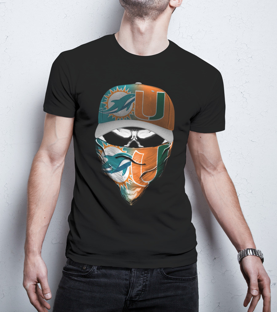 Miami Dolphins And University Of Miami Logo Face Mask And Cap Design Skull Style T-Shirt