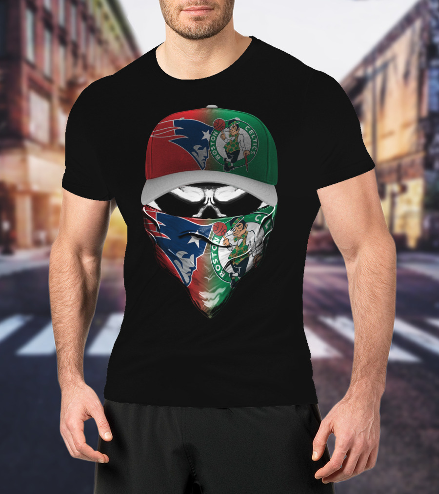 Boston Celtics New England Patriots Skull Mask Hat Combo T-Shirt