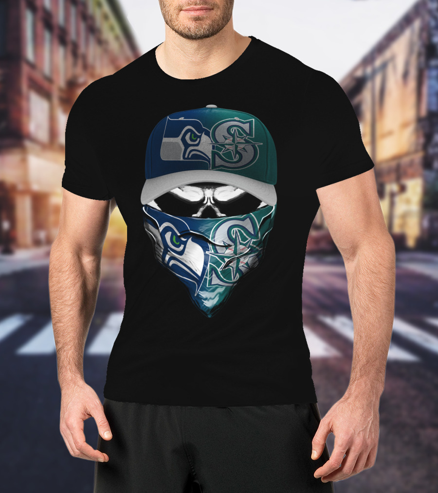 Seattle Seahawks Mariners Skull Mask Hat T-Shirt
