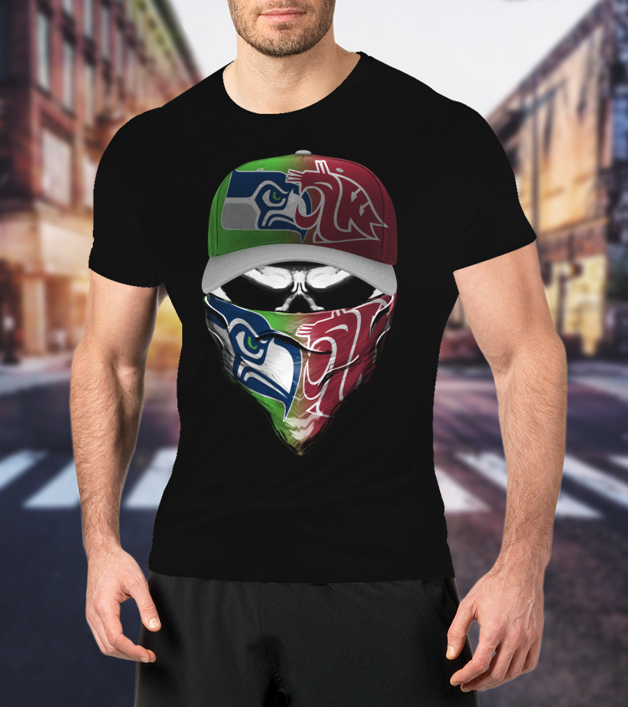 Seattle Seahawks Washington State Cougars Split Mask Hat T-Shirt
