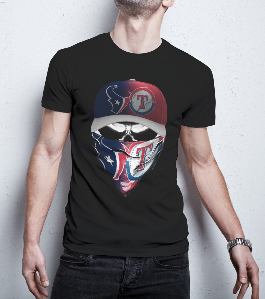 Houston Texans And Texas Rangers Skull Bandana Hat Dual Theme T-Shirt