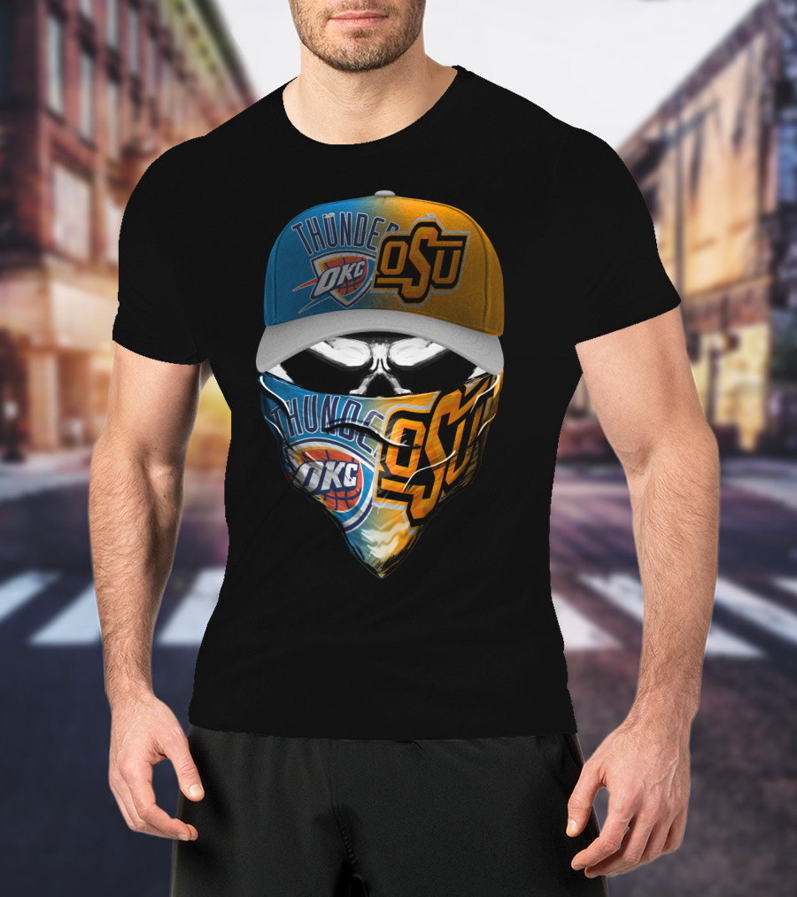 Okc Thunder Osu Split Face Skull Bandana Hat T-Shirt