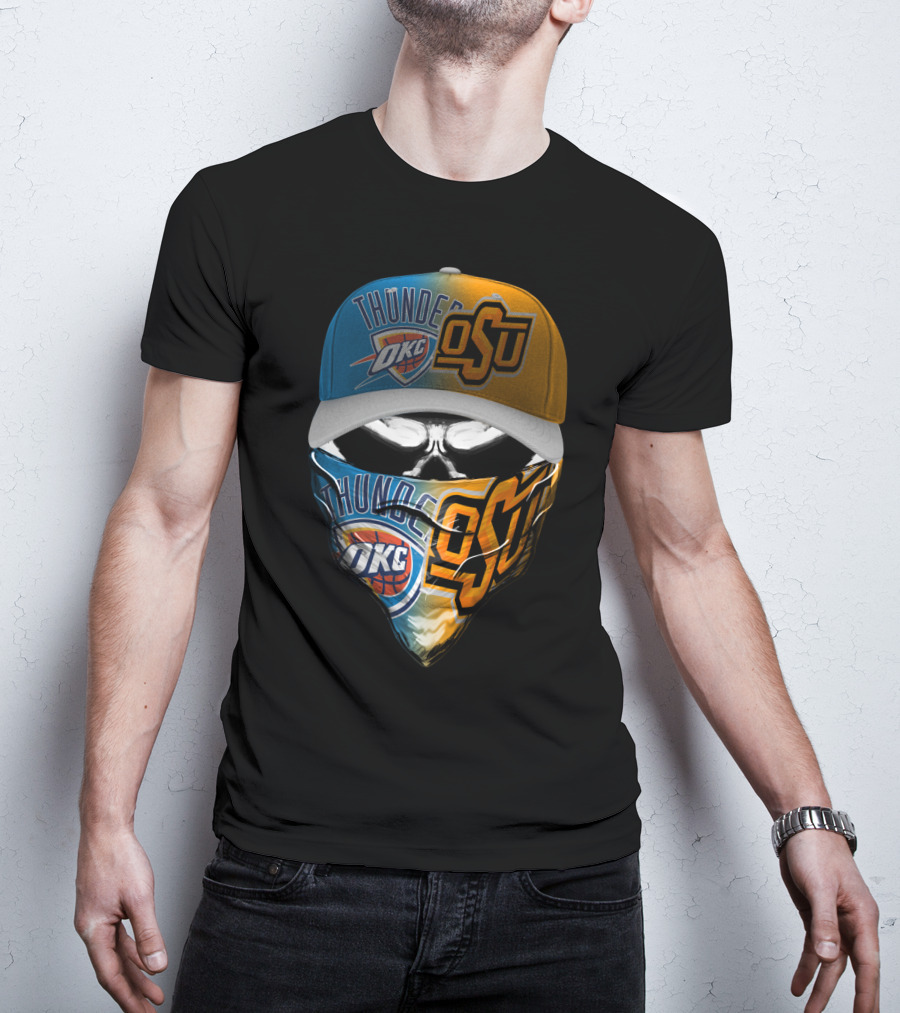 Okc Thunder Osu Split Face Skull Bandana Hat T-Shirt