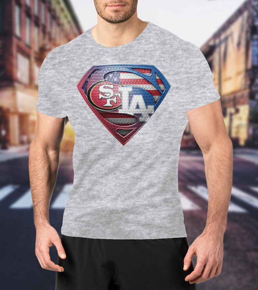 Sf La Superman Shield American Flag Hintergrund T-Shirt