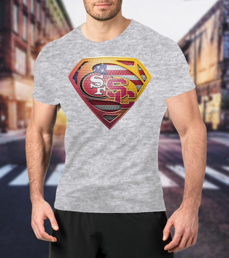 Superman Shield With San Francisco And Usc Logos Merged Over American Flag T-Shirt