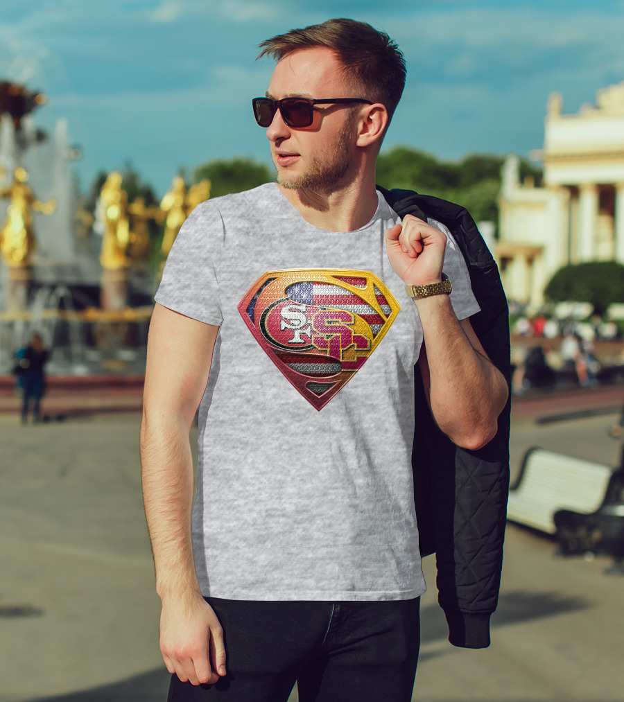 Superman Shield With San Francisco And Usc Logos Merged Over American Flag T-Shirt