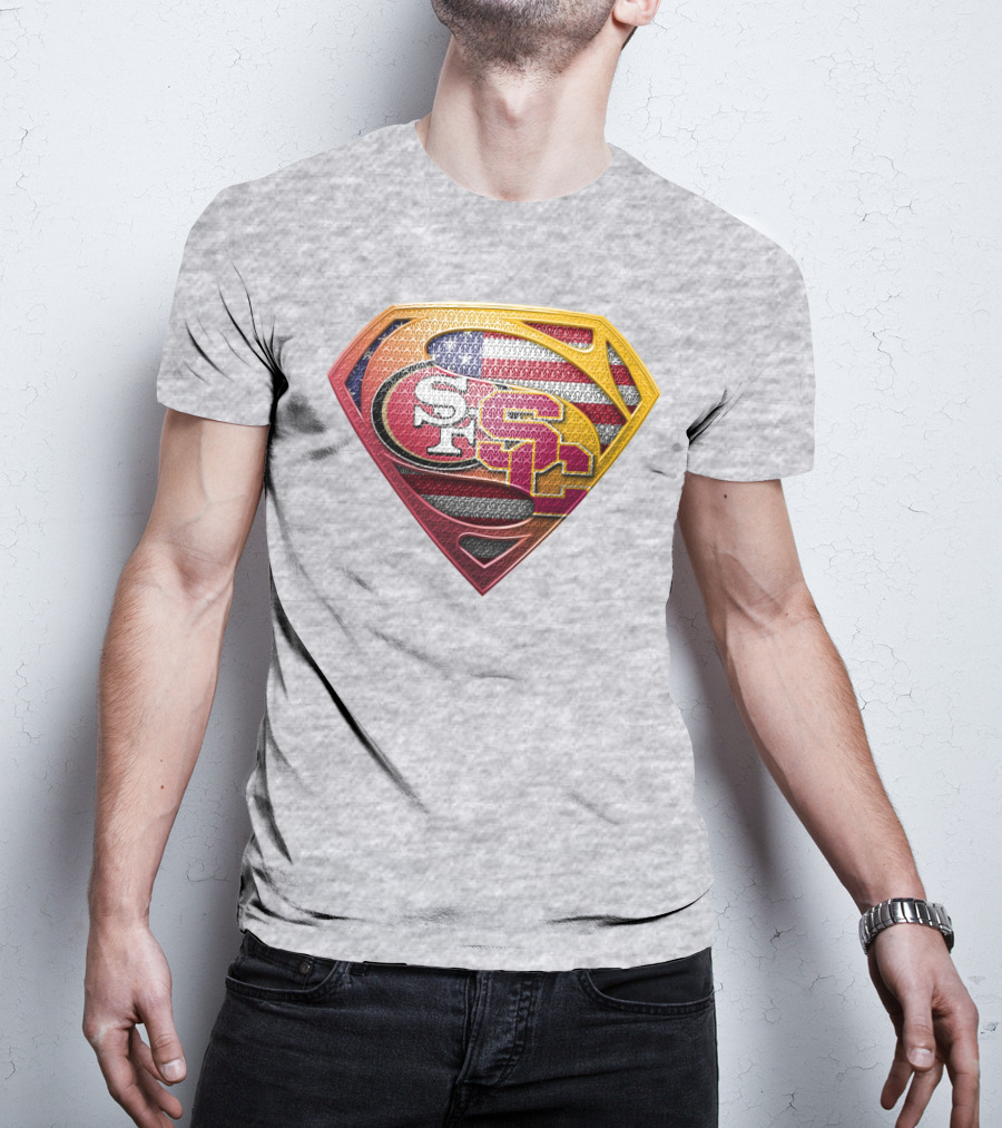 Superman Shield With San Francisco And Usc Logos Merged Over American Flag T-Shirt