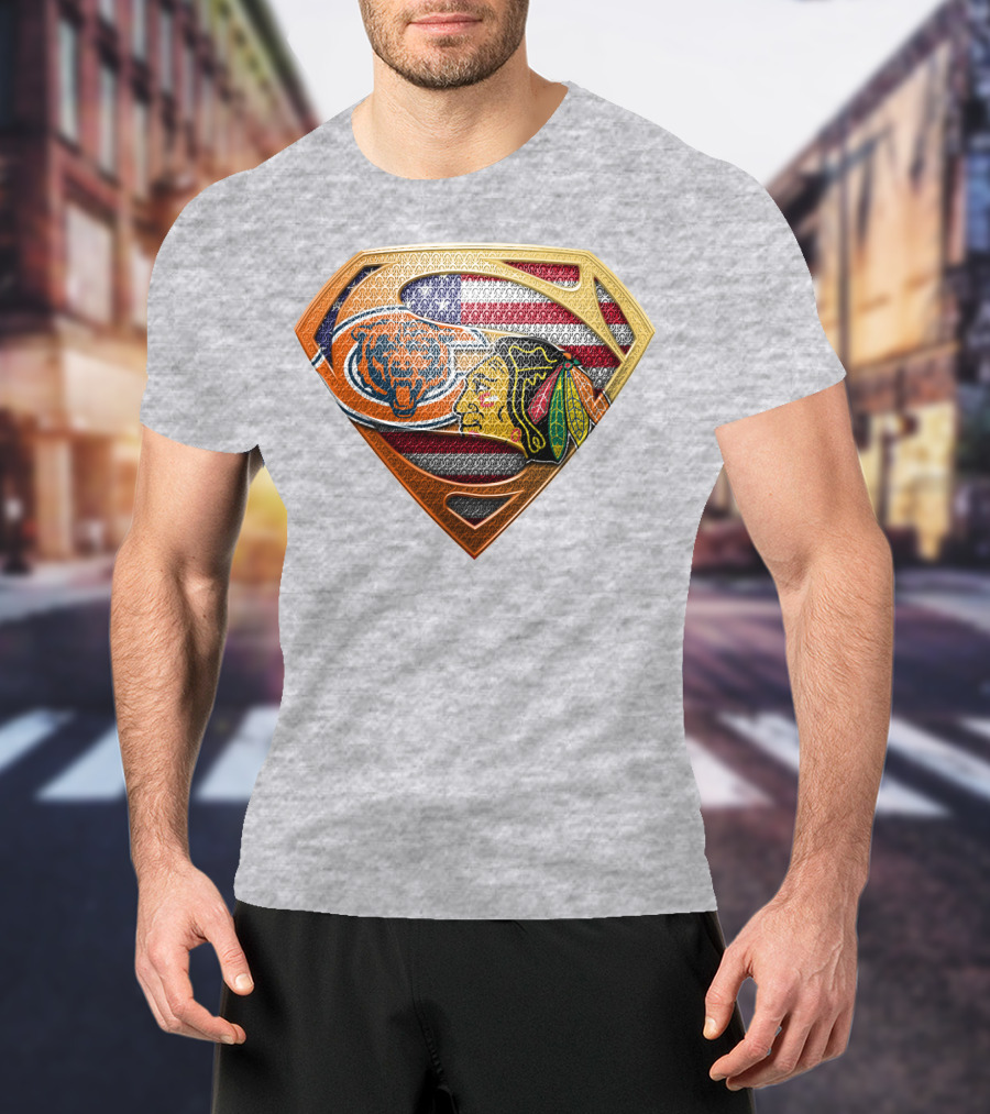 Chicago Bears Blackhawks American Flag Superman T-Shirt