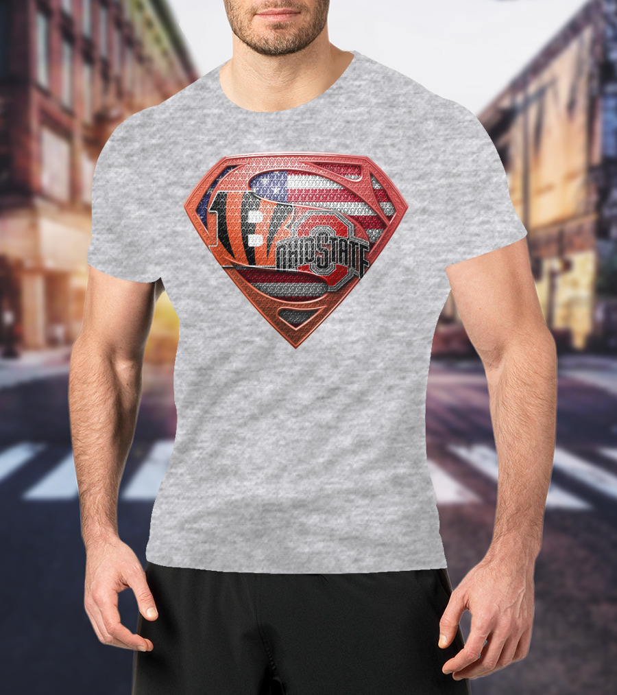 Superman Shield With Cincinnati Bengals Tiger Stripes Ohio State Logo And American Flag T-Shirt
