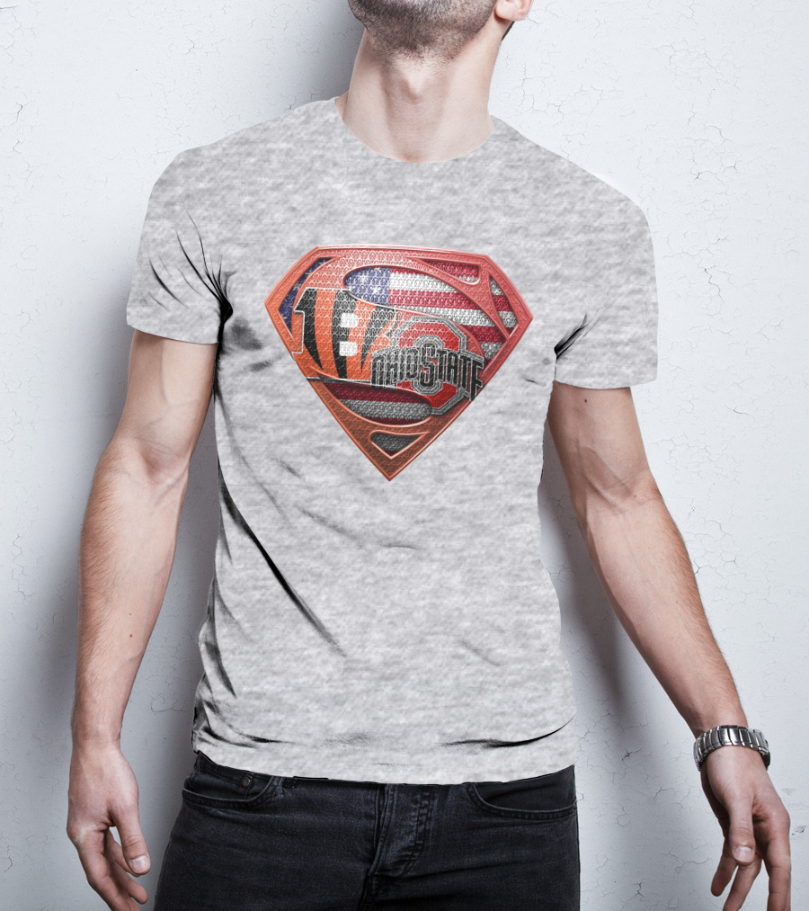 Superman Shield With Cincinnati Bengals Tiger Stripes Ohio State Logo And American Flag T-Shirt