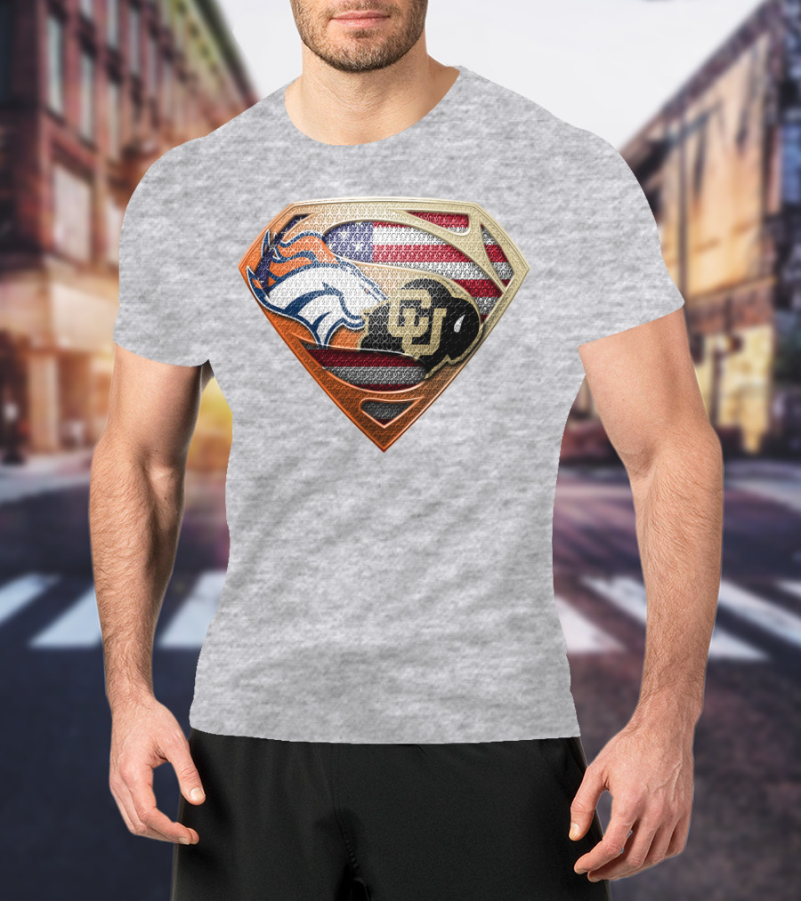 Denver Broncos Colorado Buffaloes American Flag Superman Logo Mashup T-Shirt