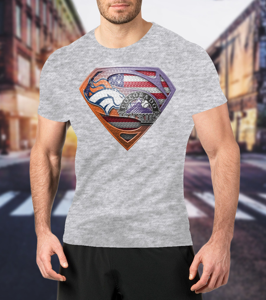 Denver Broncos Colorado Rockies American Flag Superman Logo Fusion T-Shirt