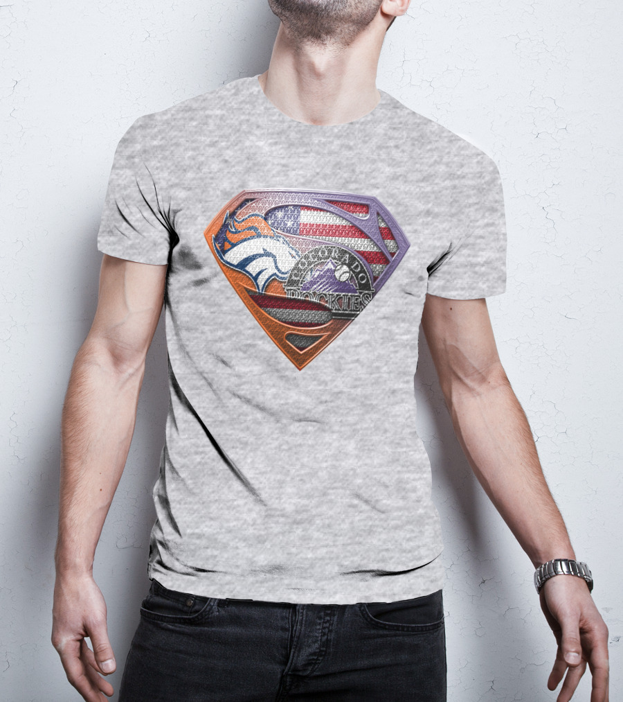 Denver Broncos Colorado Rockies American Flag Superman Logo Fusion T-Shirt