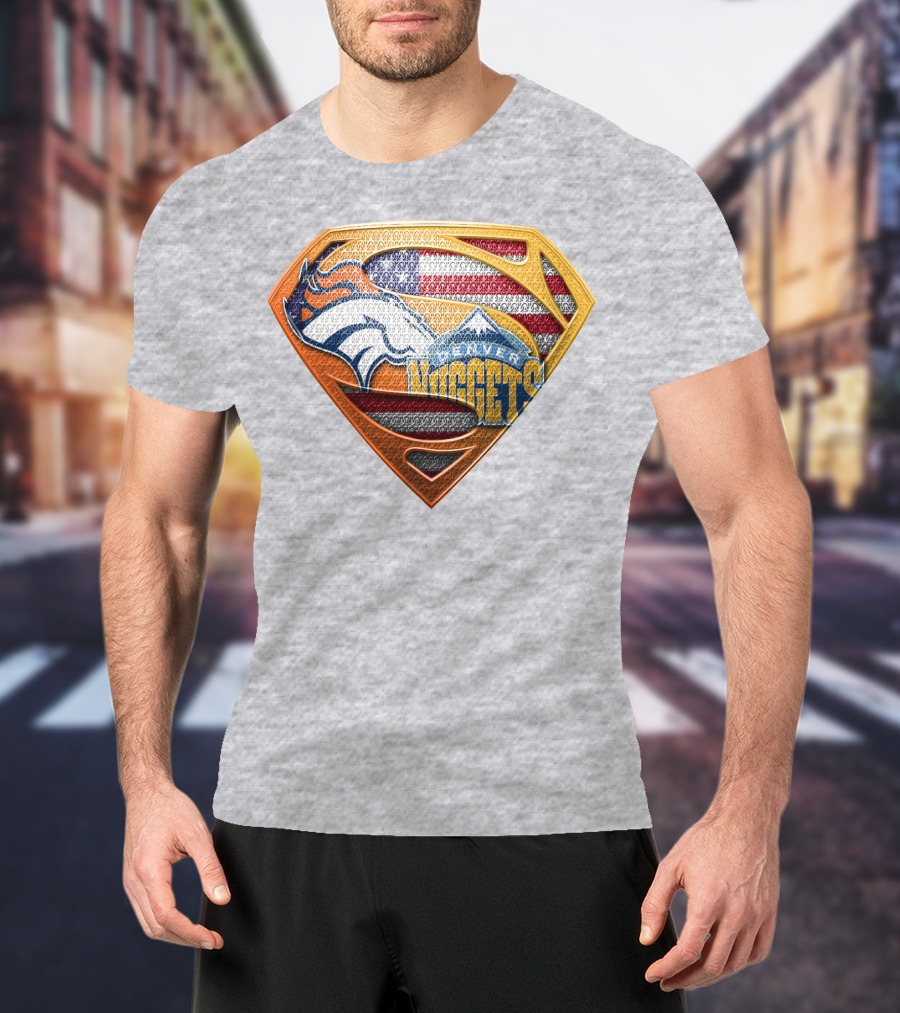 Denver Nuggets Broncos American Flag Super Hero Shield T-Shirt